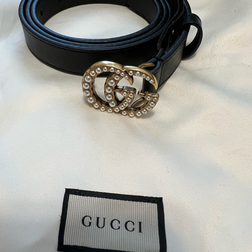 Gucci Black Belt with Gold Pearl GG Buckle
